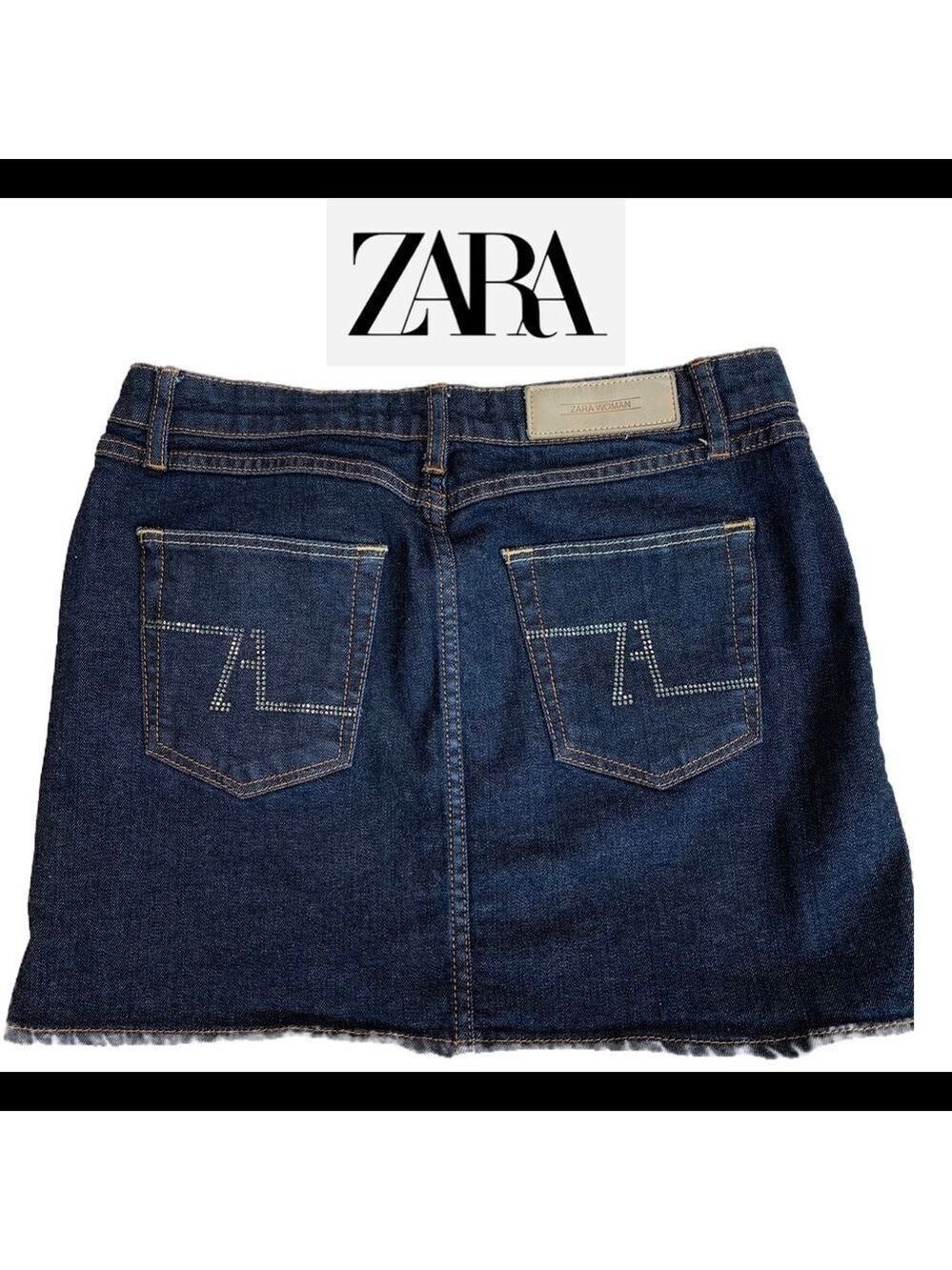 Zara denim jean mini skirt rhinestone pockets Sz 6 stretchy western stampede